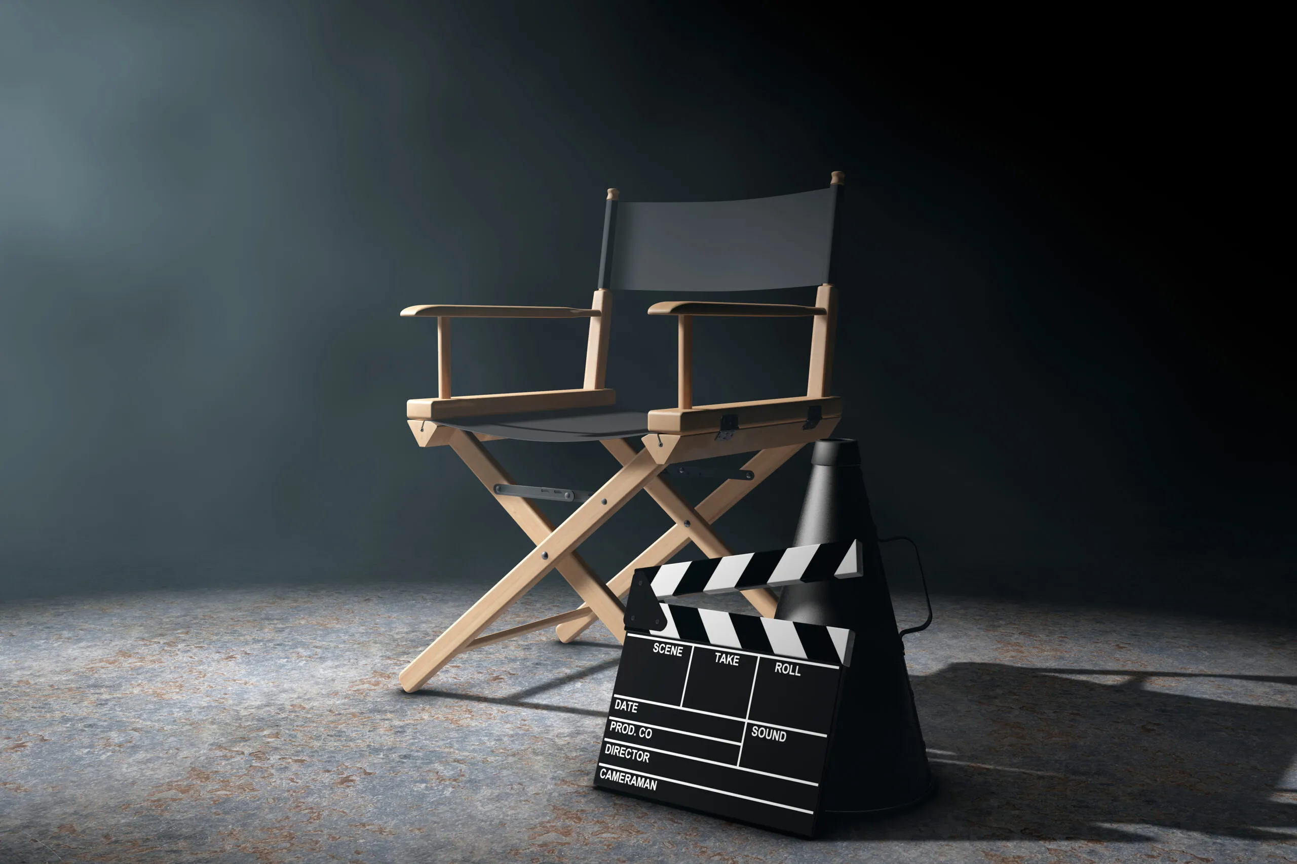 Director,chair,,movie,clapper,and,megaphone,in,the,volumetric,light